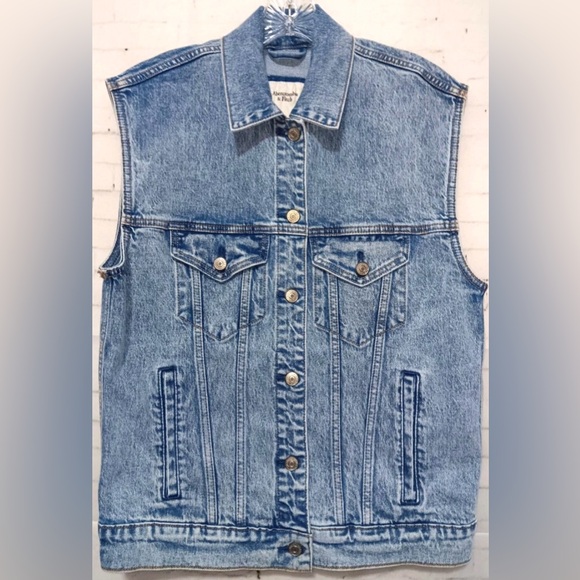 Abercrombie & Fitch Sleeveless Denim Vest Jacket Light Wash Vintage Y2K Style L - Picture 2 of 5